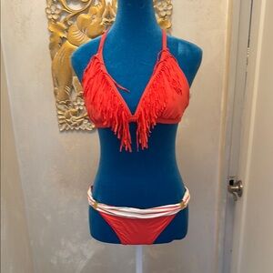 Vibrant Coral Fringe Bikini Swimwear